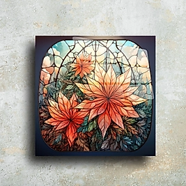 Doğal Güzellikte Cam Tablo - Turuncu ve Yeşil Çiçek Motifli Dekoratif Cam Tablo(m66)