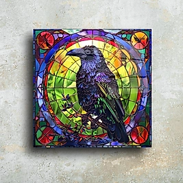 Eşsiz Vitray Sanatı - Kuzgun Temalı Cam Tablo | El Yapımı Dekoratif Sanat Eseri(m70)