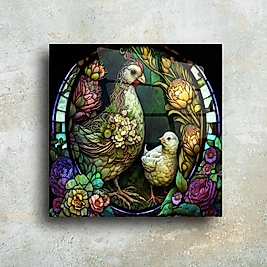 Sanatsal Cam Tablo - El Yapımı Renkli Kuş ve Yavru Deseni | Dekoratif Stüdyo ve Ev Aksesuarı(m55)