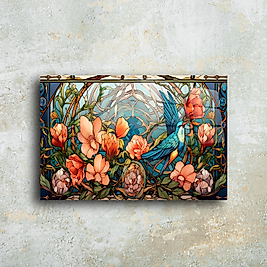 Sanatsal Kuş ve Çiçek Temalı Cam Tablo | Eşsiz Duvar Dekoru(m89)