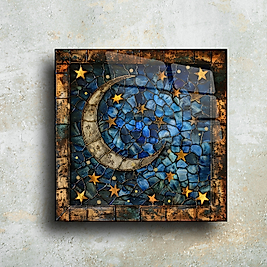 El Yapımı Ay ve Yıldız Temalı Cam Tablo | Zarif Duvar Dekoru(m61)