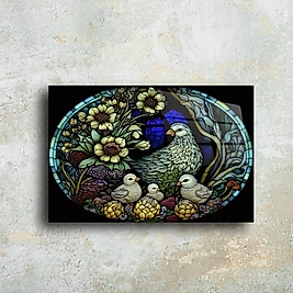 Modern Cam Tablo - Vitray Stili Tavuk ve Civciv Deseni(m85)