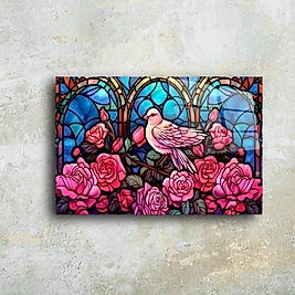 Renkli Güller ve Güvercin Cam Tablo - Modern Dekoratif Sanat(m86)