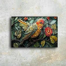 El Yapımı Vitray Mozaik Cam Tablo - Canlı Kuş ve Çiçek Tasarımı - Duvar Dekorasyonu(m93)
