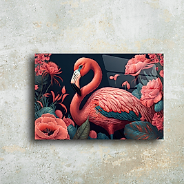 Flamingo ve Çiçek Cam Tablo – Renkli ve Zarif Tasarım | Modern Duvar Sanatı(m28)