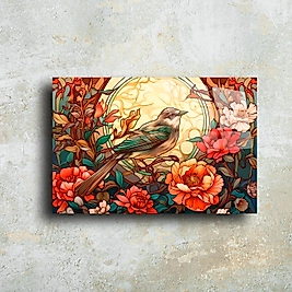 Renkli Çiçekler ve Kuş Temalı Cam Tablo | El Yapımı Dekoratif Cam Duvar Sanatı(m88)