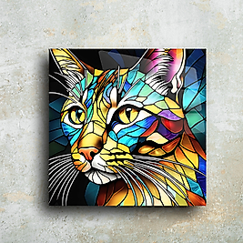 Renkli Mozaik Kedi Cam Tablo - Şık Duvar Dekoru | Leylaser(m11)
