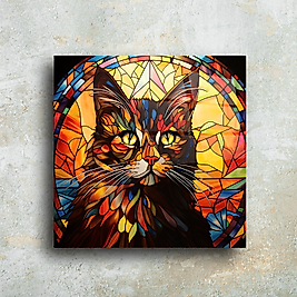 Renkli Mozaik Kedi Portresi Cam Tablo | Şık Duvar Dekoru | Sanatsal ve Canlı Tasarım(m5)