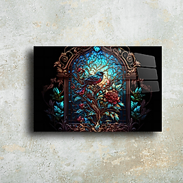 Sanatsal Cam Tablo - Zarif Kuş Motifi ve Çiçek Tasarımı(m56)