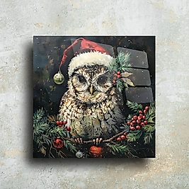 Noel Temalı Baykuş Cam Tablo - Özel Tasarım ve Dekoratif Şıklık(m117)
