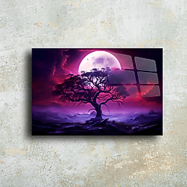 Büyüleyici Ay Işığında Ağaç - Yüksek Kaliteli Cam Tablo | Eşsiz Ev Dekorasyonu(m32)