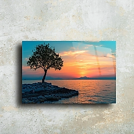 Göl ve Gün Batımı Temalı Cam Tablo | Şık Duvar Dekoru | Doğal ve Sakinleştirici Tasarım(m8)