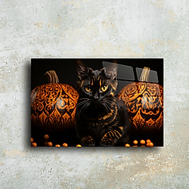 Siyah Kedi ve Kabak Temalı Cam Tablo | Şık Duvar Dekoru | Modern ve Sevimli Tasarım(m3)