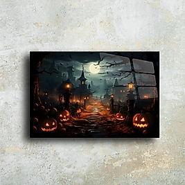 Halloween Temalı Gotik Dekoratif Cam Tablo - Ayışığında Korku Sokakları(m35)