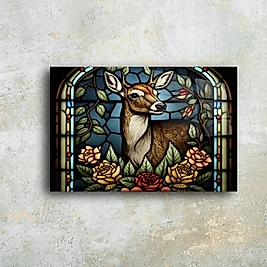 Cam Tablo - Zarif Geyik ve Çiçek Desenli Benzersiz Duvar Dekoru(m48)