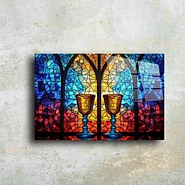 Renkli Vitray Çift Kadeh Tasarımlı Cam Tablo - Özel Dekorasyon Seçenekleri(m101)