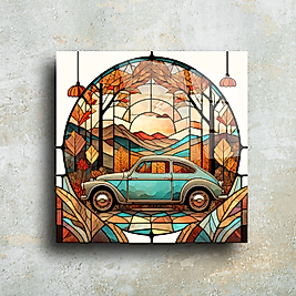 Vintage Araba Temalı Cam Tablo – El Yapımı Dekoratif Stained Glass Panel(m58)
