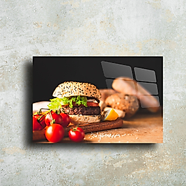 Hamburger ve Domates Temalı Cam Tablo | Şık Duvar Dekoru | Lezzetli ve Modern (m7)