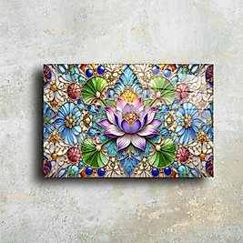 Renkli Lotus Çiçeği Cam Tablo - Eşsiz ve Şık Duvar Dekoru(m38)