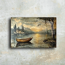 Doğal Manzara Temalı Cam Tablo | Göl ve Tekne Dekoratif Duvar Sanatı(m34)